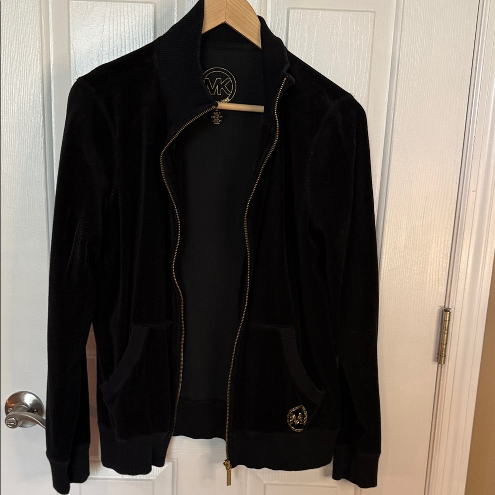 Michael Kors Black Velour Bomber Jacket with Gold Accents - Picture 2 of 4